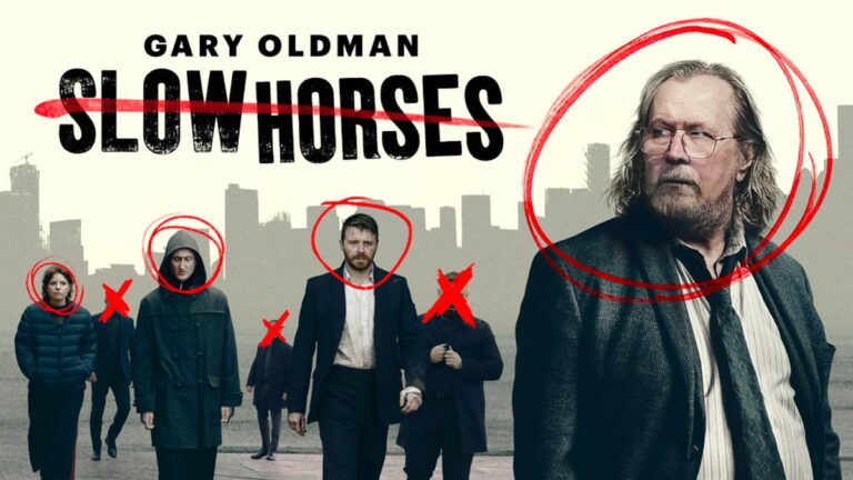 Gary Oldman and cast in Slow Horses season six key art for Apple TV.