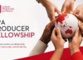 Screen Producers Australia Producer Fellowship artwork showing hands around a globe.
