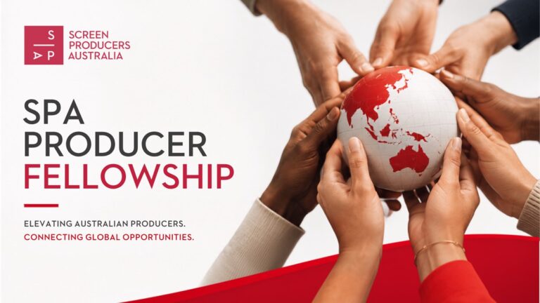 Screen Producers Australia Producer Fellowship artwork showing hands around a globe.