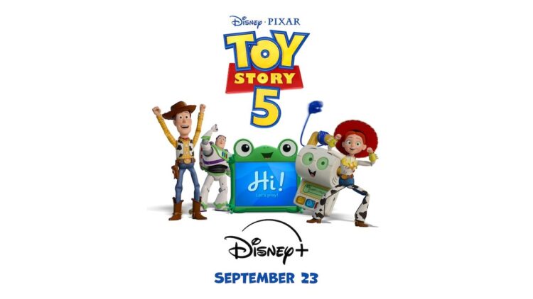 Toy Story 5 key art featuring Woody, Buzz Lightyear, Jessie and Lilypad