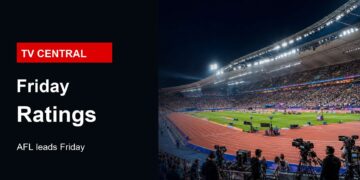Realistic stadium broadcast image for Friday TV ratings with TV Central label and AFL ratings text.