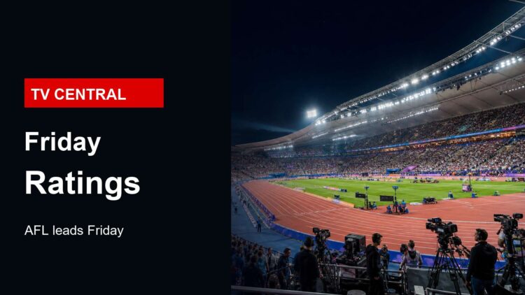 Realistic stadium broadcast image for Friday TV ratings with TV Central label and AFL ratings text.