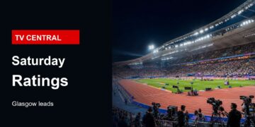 Realistic stadium broadcast image for Saturday TV ratings with TV Central label and Glasgow ratings text.