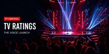 TV Central ratings image featuring a realistic singing-show stage for The Voice launch ratings.