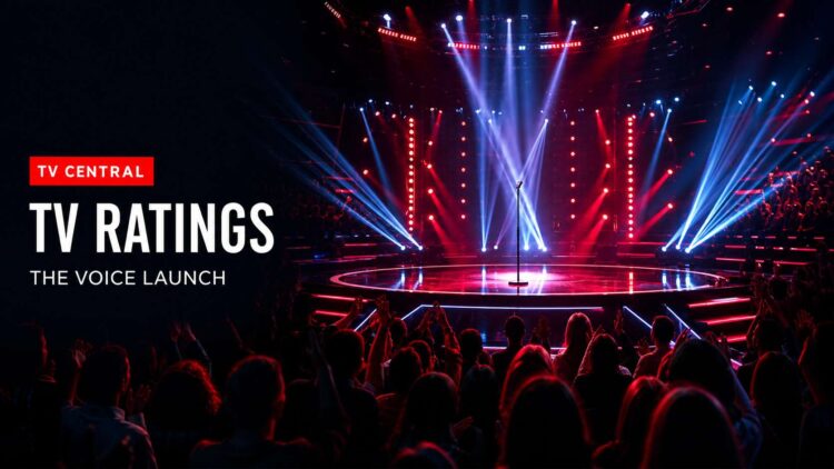 TV Central ratings image featuring a realistic singing-show stage for The Voice launch ratings.