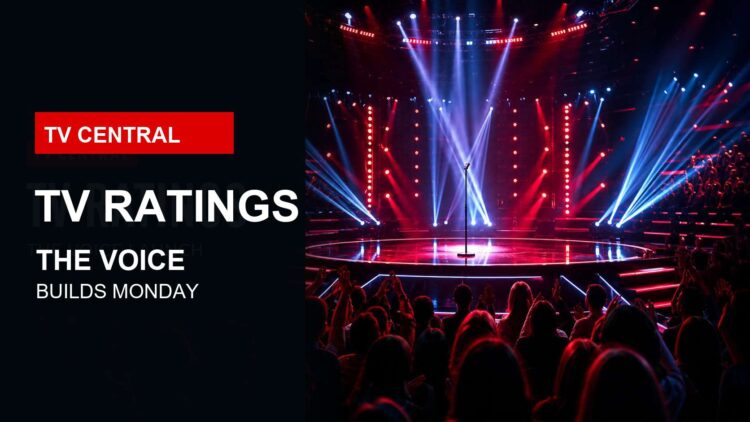 TV Central ratings image with a broadcast stage and microphone for The Voice on Monday.