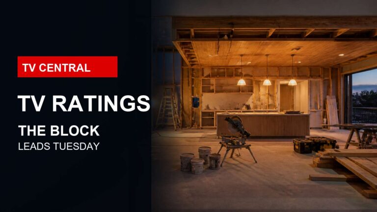 TV Central ratings image with a realistic renovation set for The Block leading Tuesday entertainment.