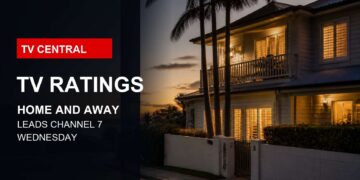 TV Central ratings image with an Australian coastal home at dusk for Home and Away leading Channel 7.