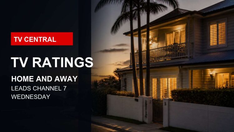 TV Central ratings image with an Australian coastal home at dusk for Home and Away leading Channel 7.
