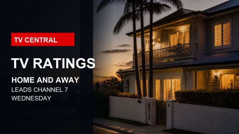 TV Central ratings image with an Australian coastal home at dusk for Home and Away leading Channel 7.