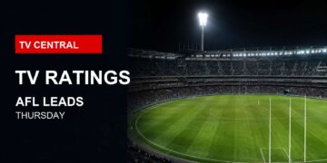 TV Central ratings image with an AFL stadium at night for Channel 7 AFL leading Thursday prime time.