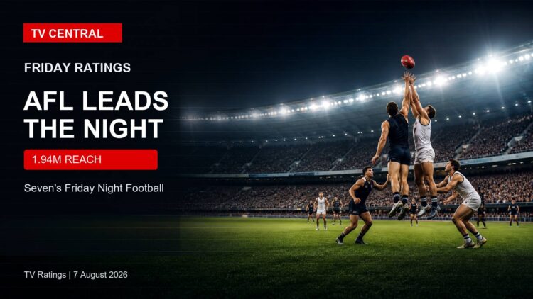 TV Central ratings image with a dramatic AFL stadium at night for Friday ratings.