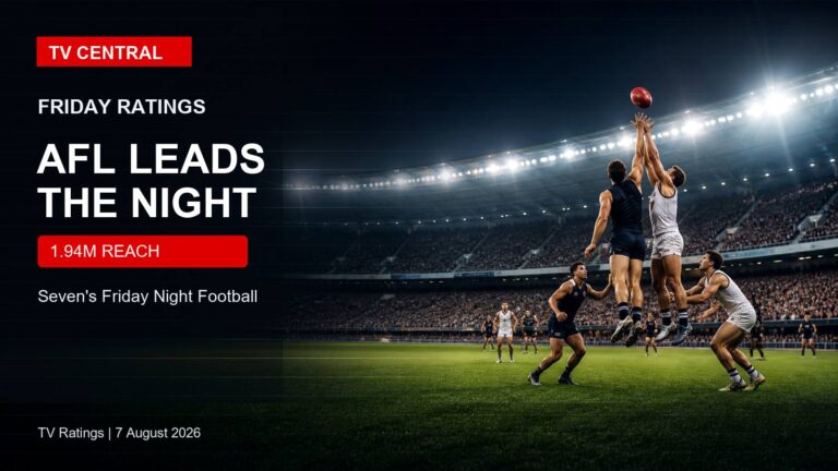 TV Central ratings image with a dramatic AFL stadium at night for Friday ratings.