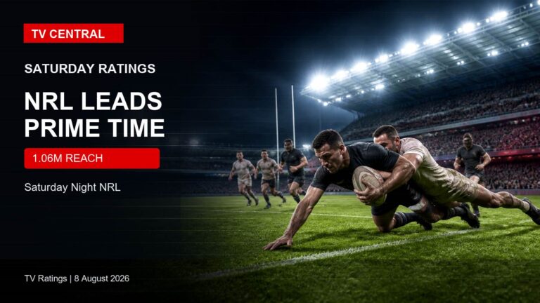 TV Central ratings image with a dramatic rugby league stadium at night for Saturday ratings.