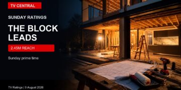 TV Central ratings image with a realistic renovation site at night for The Block Sunday ratings.