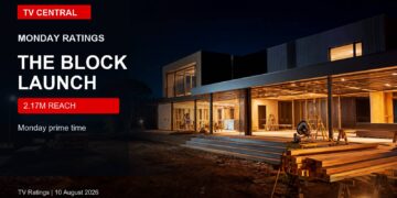 TV Central ratings image with a realistic renovation site at night for The Block launch ratings.
