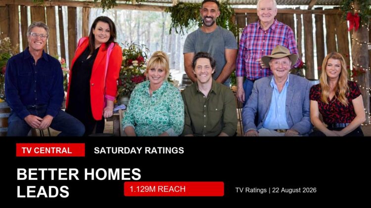 TV ratings image for Saturday 22 August 2026 featuring the Better Homes and Gardens cast with Better Homes leads overlay.
