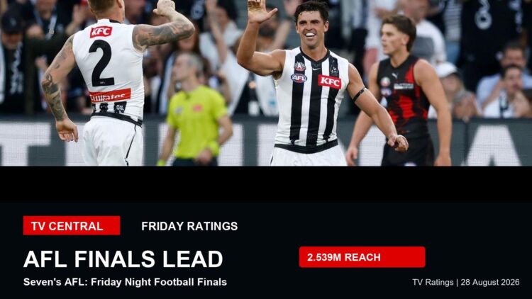 TV ratings image for Friday 28 August 2026 featuring real AFL action with AFL finals lead overlay.