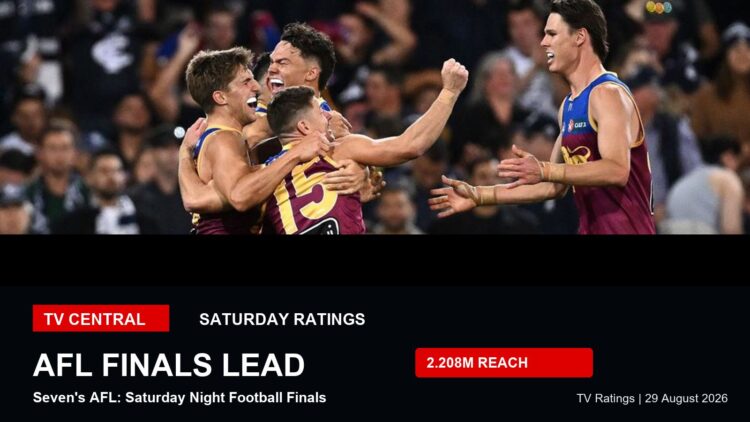 TV ratings image for Saturday 29 August 2026 featuring real AFL action with AFL finals lead overlay.