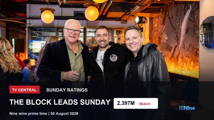 TV ratings image for Sunday 30 August 2026 featuring The Block hosts Shelley Craft and Scott Cam with Sunday ratings overlay.