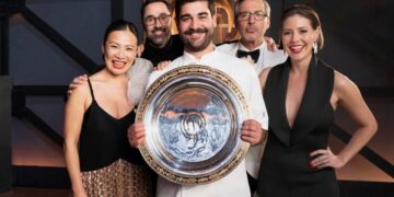 Vinnie Gibaldi with the MasterChef Australia trophy and judges after winning the 2026 season