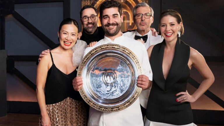Vinnie Gibaldi with the MasterChef Australia trophy and judges after winning the 2026 season