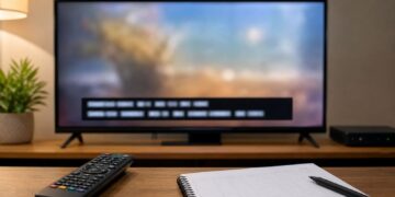 A television screen showing generic caption bars with a remote and broadcast log notebook on a table.