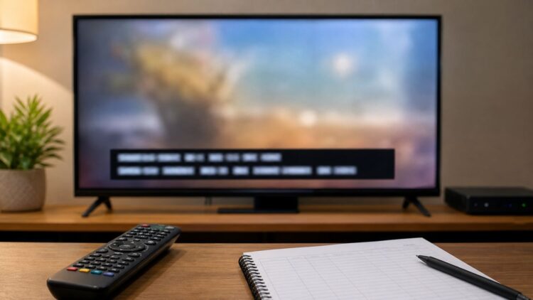 A television screen showing generic caption bars with a remote and broadcast log notebook on a table.