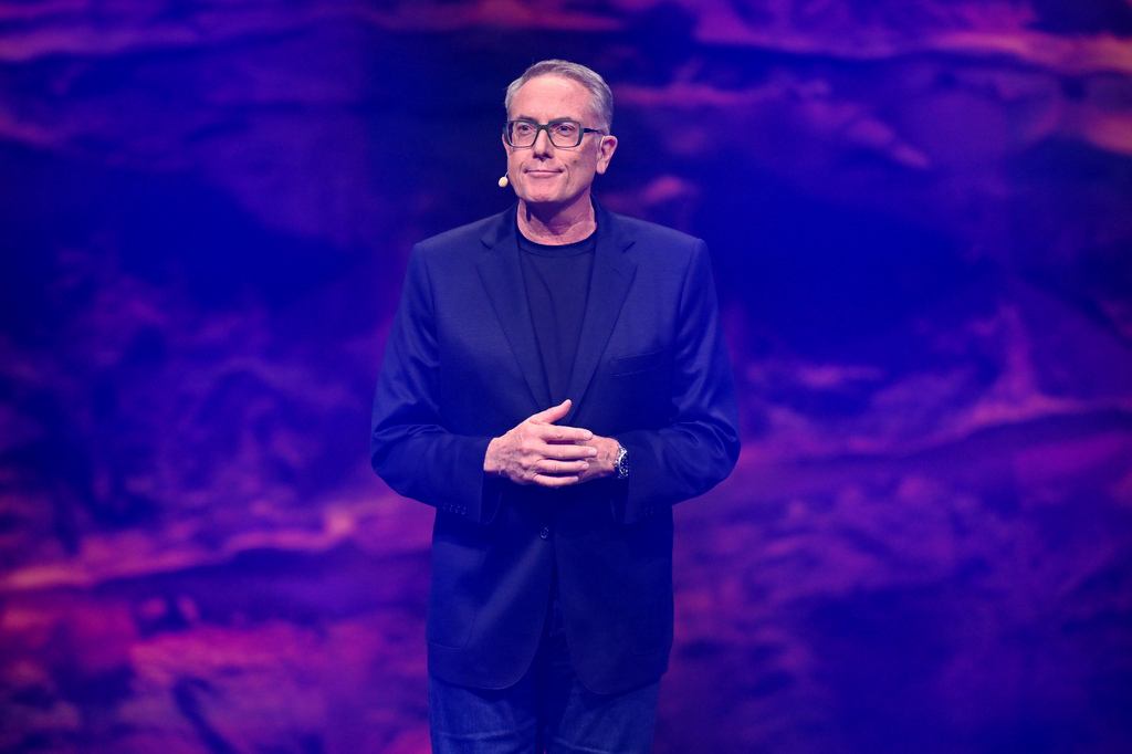 Mark Frain on stage at Foxtel Media's 2027 Upfront event