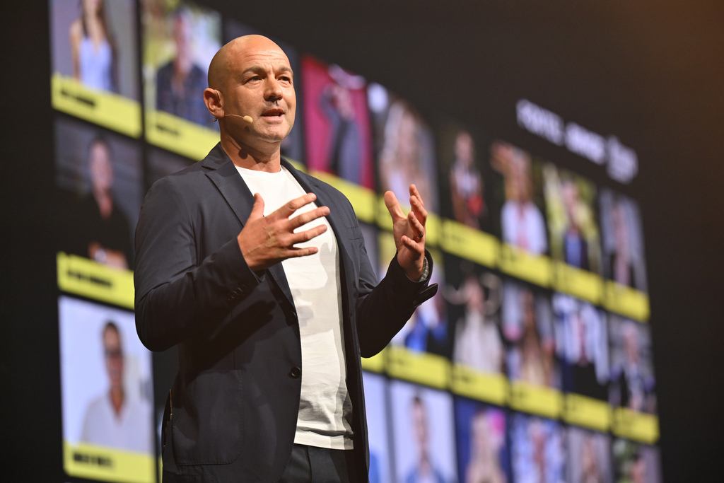 Mark Frain presenting at Foxtel Media's 2027 Upfront event