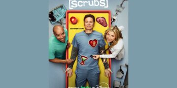 Zach Braff, Donald Faison and Sarah Chalke in the Scrubs season two Disney+ key art