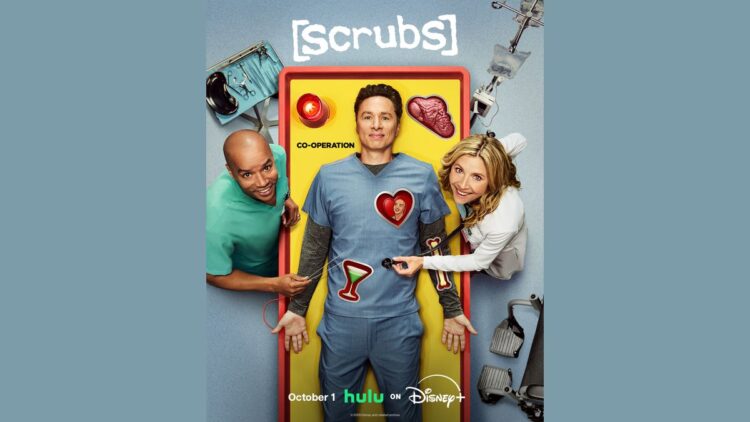 Zach Braff, Donald Faison and Sarah Chalke in the Scrubs season two Disney+ key art