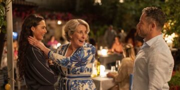 Three characters together at an Italian restaurant in A Taste For Murder