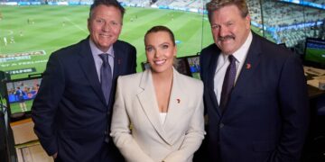 James Brayshaw, Abbey Holmes and Brian Taylor at the MCG