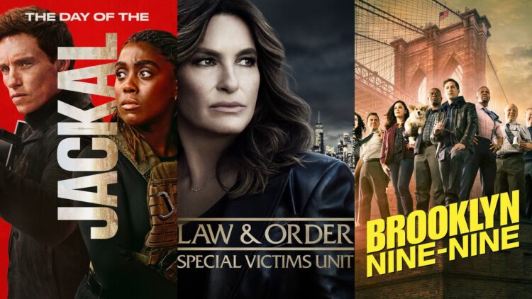 The Day of the Jackal, Law and Order SVU and Brooklyn Nine-Nine key art for the BINGE NBCUniversal deal