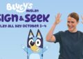Bluey with an Auslan signer promoting Sign and Seek on ABC Kids