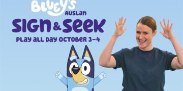 Bluey with an Auslan signer promoting Sign and Seek on ABC Kids