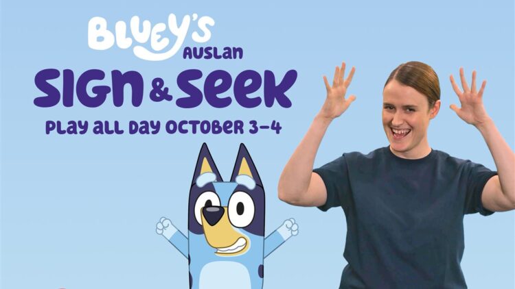 Bluey with an Auslan signer promoting Sign and Seek on ABC Kids