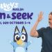 Bluey with an Auslan signer promoting Sign and Seek on ABC Kids