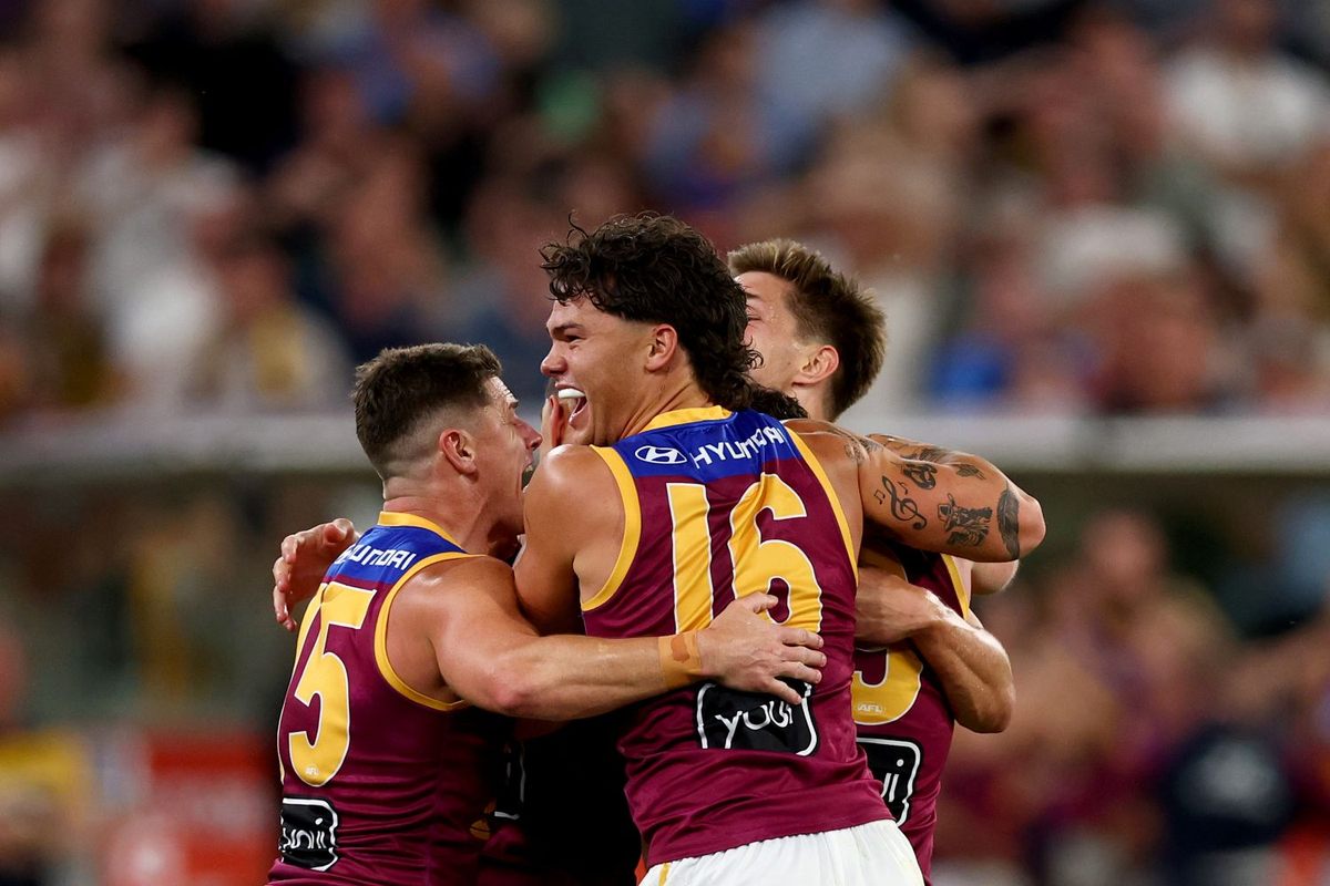 Brisbane Lions players celebrate during the 2026 AFL Finals
