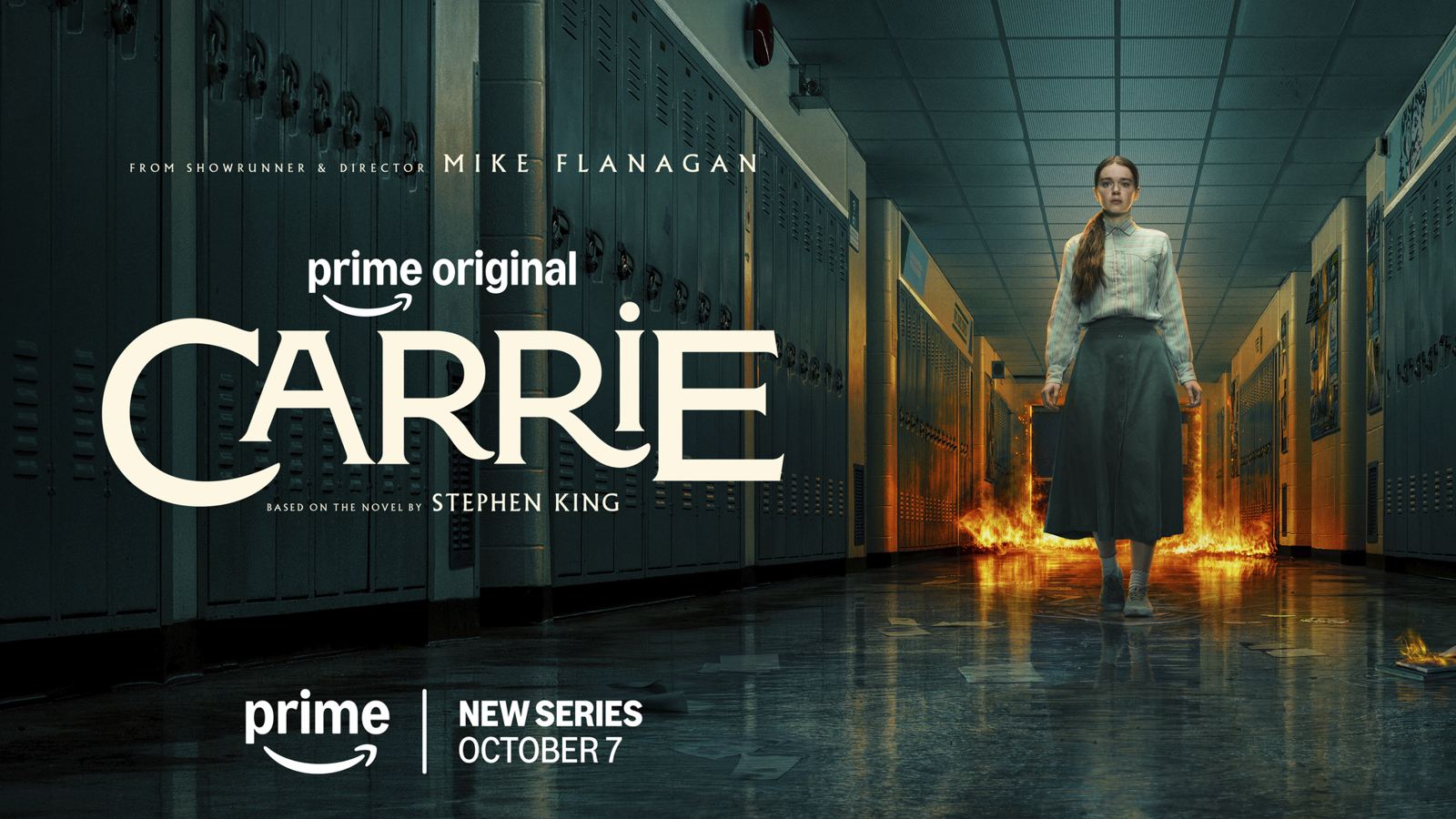 Carrie walks through a burning school corridor in Prime Video key art