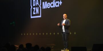 DAZN Media Plus stage presentation at the 2027 Upfront event