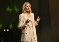 Caitlin O'Meara speaking at the Foxtel Media 2027 Upfront event