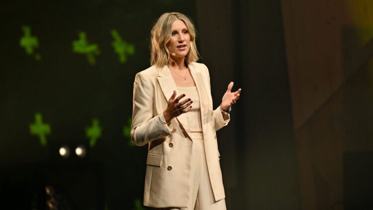 Caitlin O'Meara speaking at the Foxtel Media 2027 Upfront event