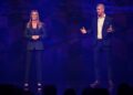 Lara Pitt and Jonathon Brown on stage at the Foxtel Media 2027 Upfront event