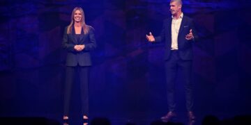 Lara Pitt and Jonathon Brown on stage at the Foxtel Media 2027 Upfront event