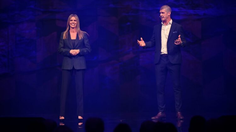 Lara Pitt and Jonathon Brown on stage at the Foxtel Media 2027 Upfront event
