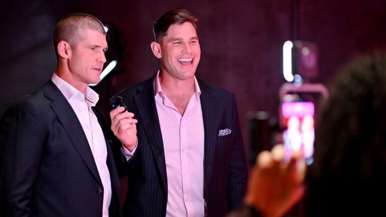 Jonathon Brown and Tom Hawkins at the Foxtel Media 2027 Upfront event