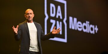 DAZN Media Plus branding at the 2027 Upfront event