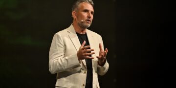 Toby Dewar speaking at the Foxtel Media 2027 Upfront event
